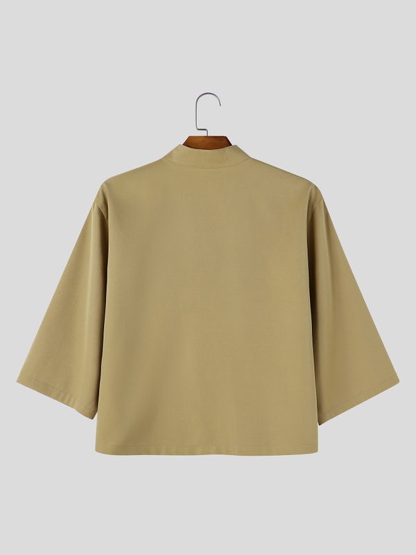 Men's Neo-Chinese Chic Tea Gathering Contrast Frog Button V-Neck Cropped Shirt SKUL86017