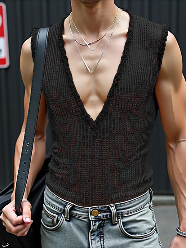 Mens Hollow-Out Mesh Deep V-Neck Tank SKUL16745