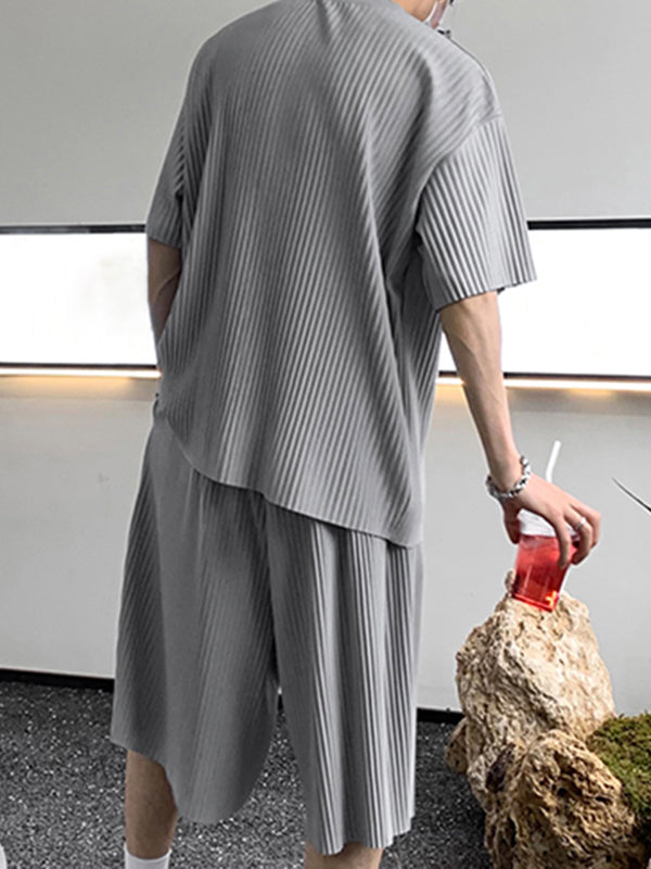 Mens Solid Color Striped Ruched Two Pieces Outfit SKUL08680