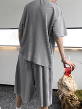 Mens Solid Color Striped Ruched Two Pieces Outfit SKUL08680