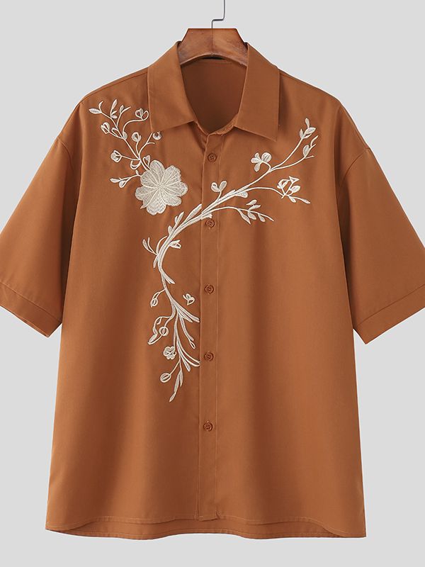 Men's Botanical Floral Embroidery Half Sleeve Shirt SKUL45338