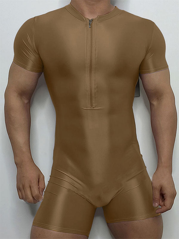 Mens Ice Silk Zip-Up Fitted Short Sleeve Bodysuit SKUL10799