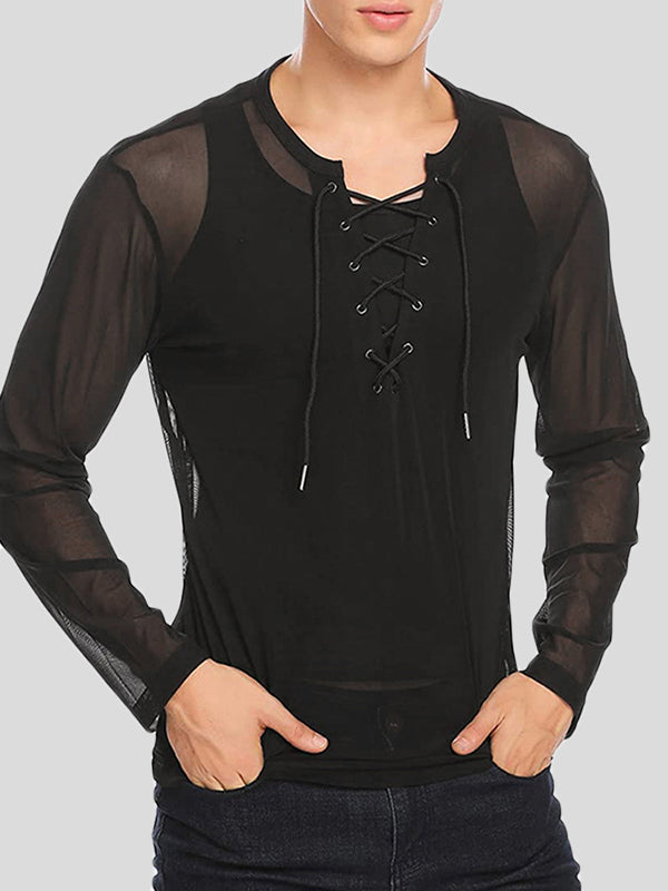 Mens Lace-Up Mesh See Through T-Shirt SKUK34755