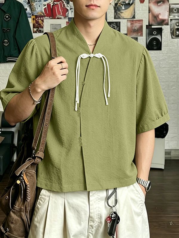 Men's New Chinese Style Textured Frog-Button Puff-Sleeve Shirt SKUL59571
