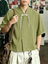 Men's New Chinese Style Textured Frog-Button Puff-Sleeve Shirt SKUL59571