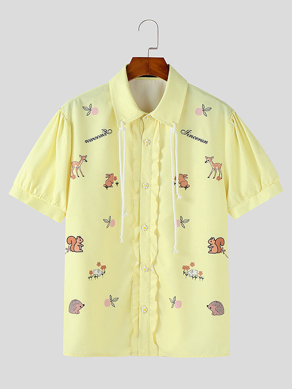 Mens Floral Print Bow Tie Short-Sleeve Shirt SKUK99748