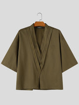 Men's Japanese Zen Beach Vacation Deep V-Neck Cross Overlap Shirt SKUL82436