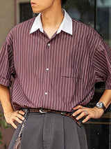 Men's Vintage Americana Contrast Camp Collar Pinstripe Short Sleeve Shirt SKUL58710