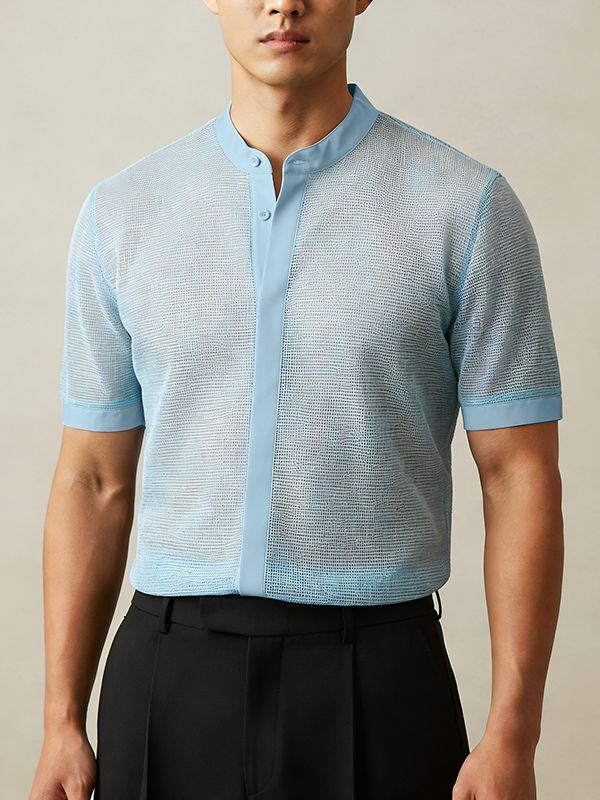 Men's Sheer Mesh Stand Collar Short Sleeve Shirt SKUL55516