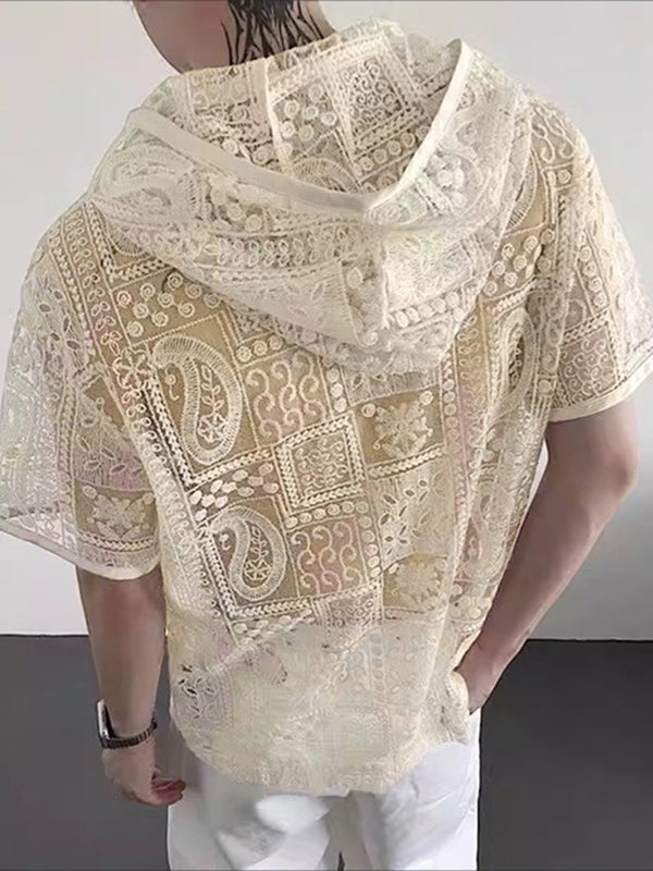 Men's Sheer Lace Hooded Short Sleeve Shirt SKUL26995