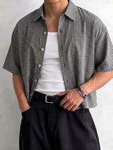 Men's High Street Casual Plaid Boxy Cropped Short Sleeve Shirt SKUL74586