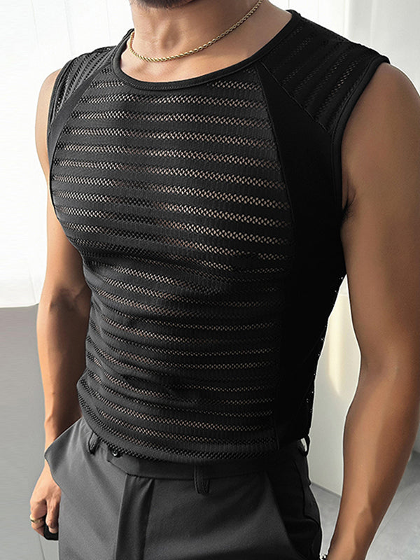 Mens Hollow-Out Mesh Stripe Knitted Tank SKUK74924