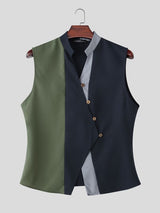 Men's Avant-Garde Color Block Asymmetrical Diagonal Button Stand Collar Tank SKUL75612