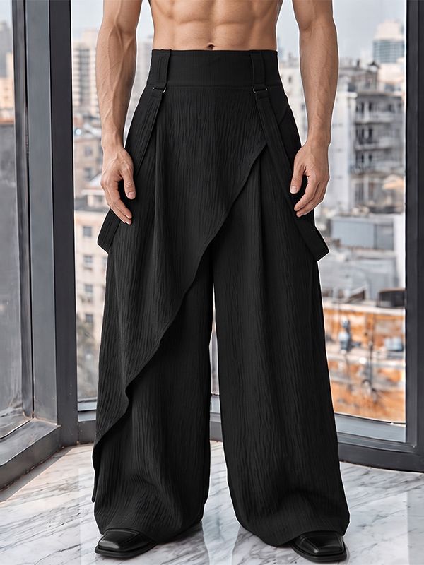 Men's Zen Minimalist Art Exhibition Asymmetric Wrap Overlay High-Waist Wide-Leg Pant SKUL85945
