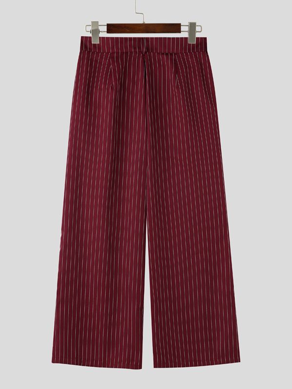 Men's Avant-Garde Pinstripe High-Waist Sailor Button Wide-Leg Pant SKUL63132