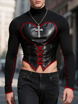 Men's Heart Color Block Drawstring Cropped Long Sleeve T Shirt SKUL30338