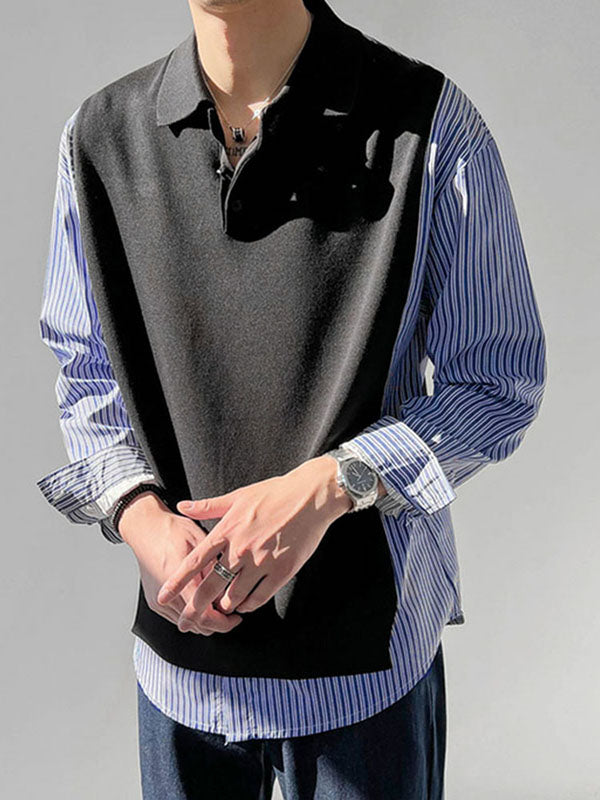 Mens Striped Knit Patchwork Long-Sleeve Shirt SKUK79187