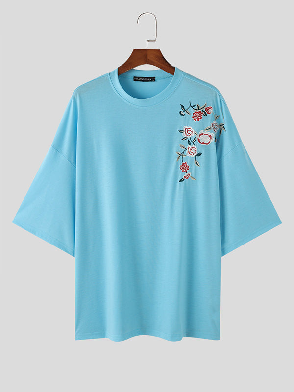 Mens Floral Embroidered Half Sleeve T-shirt SKUK66751