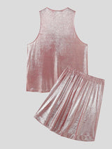 Men's Summer Vacation Metallic Shiny Ice Silk Loose Casual Two Pieces Outfit SKUL54589