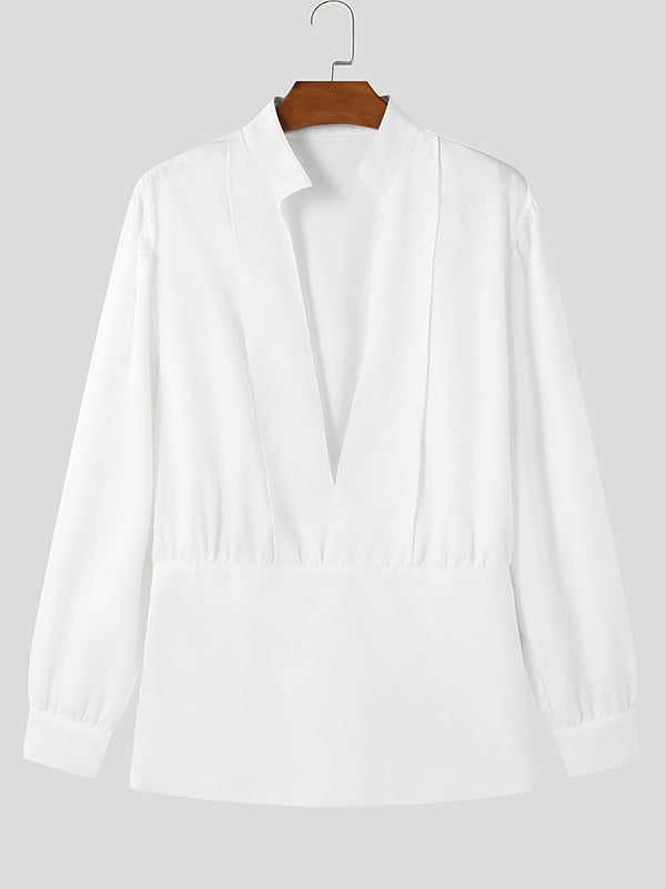Mens Solid Color Deep V-Neck Long Sleeve Shirt SKUL01100