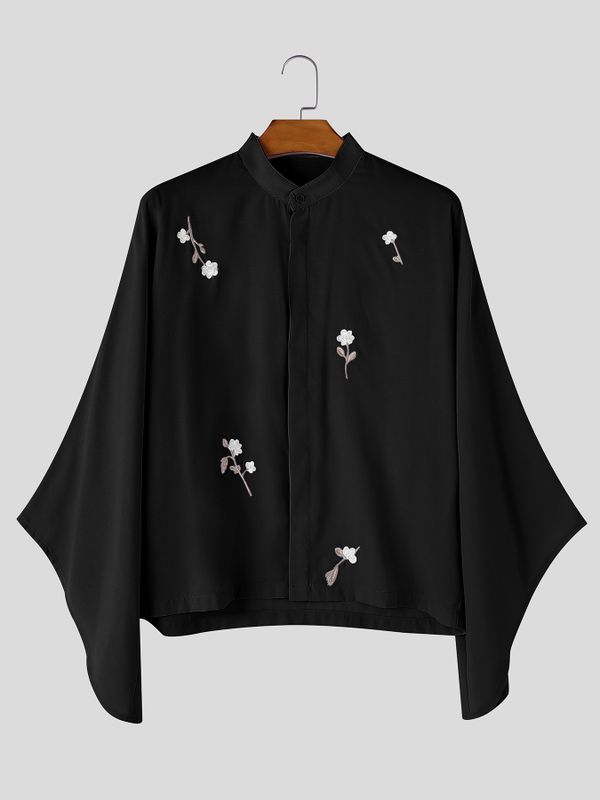 Men's Zen Minimalist Tea Gathering Floral Branch Print Kimono Sleeve Stand Collar Shirt SKUL85445