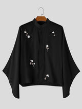 Men's Zen Minimalist Tea Gathering Floral Branch Print Kimono Sleeve Stand Collar Shirt SKUL85445