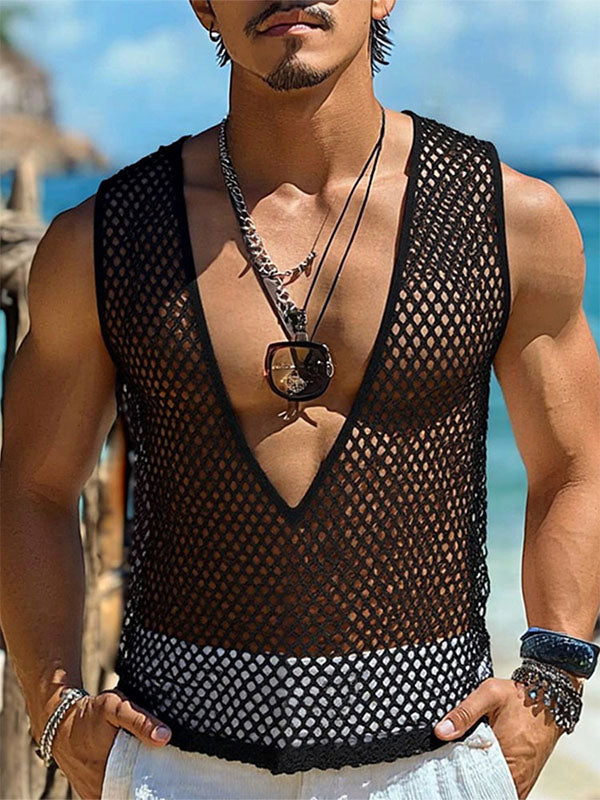 Mens Sheer Mesh Cowl Neck Hollow Tank SKUL13738
