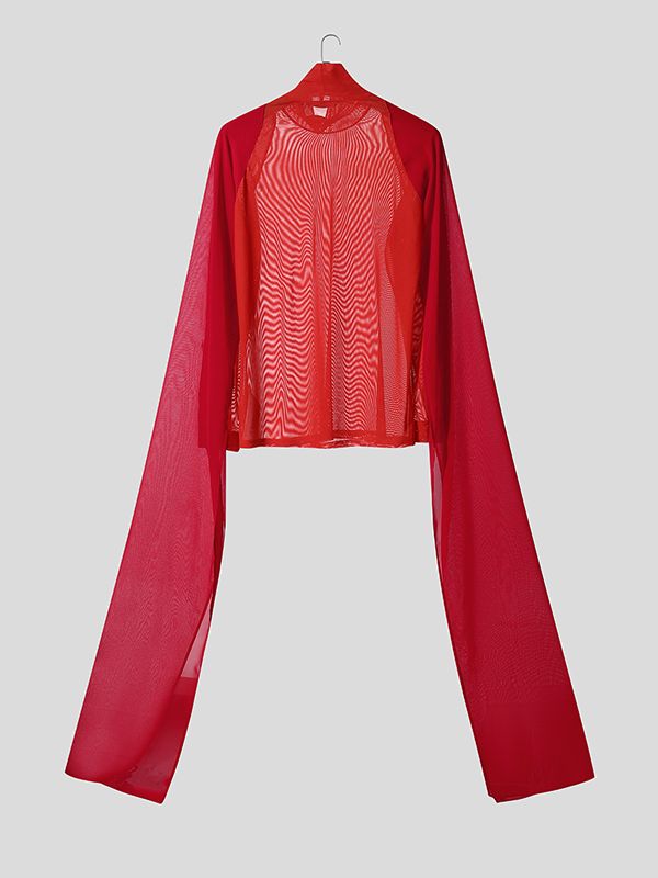 Men's Deconstructed Sheer Mesh Flap Long Sleeve T-Shirt SKUL37628