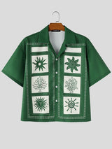 Men's Resort Hand-Drawn Sun & Palm Tree Print Cuban Collar Short Sleeve Shirt SKUL73628