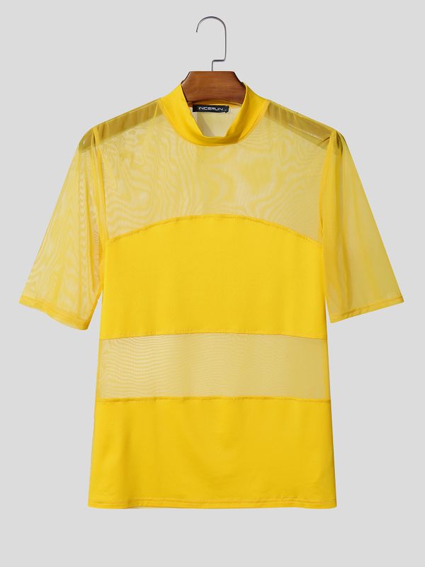 Men's Avant-Garde Sheer Mesh Paneled Mock Neck T-shirt SKUL63115