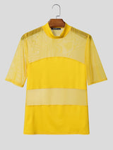 Men's Avant-Garde Sheer Mesh Paneled Mock Neck T-shirt SKUL63115