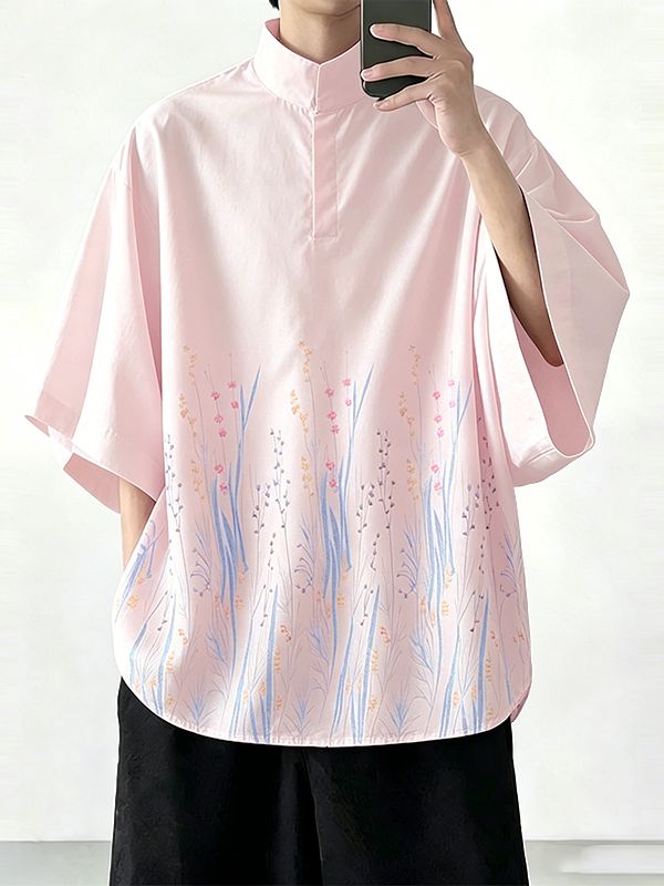 Men's Minimalist Casual Lightweight Floral Print Stand Collar Short Sleeve Shirt SKUL60818