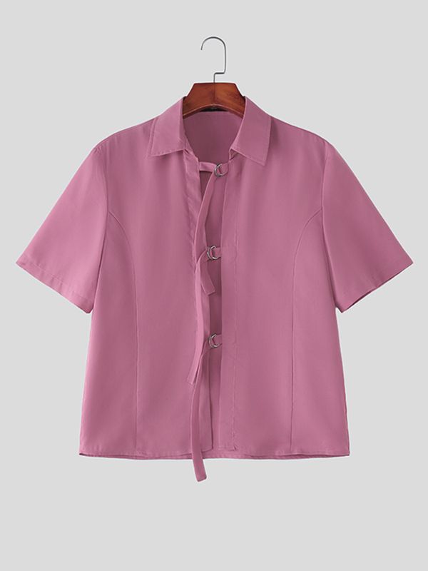Men's Avant-Garde D-Ring Buckle Strap Open-Front Short Sleeve Shirt SKUL63076