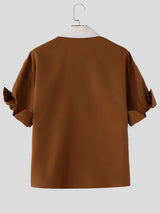 Men's Avant-Garde Asymmetrical Contrast Collar Diagonal Placket Roll-Up Sleeve Shirt SKUL76404