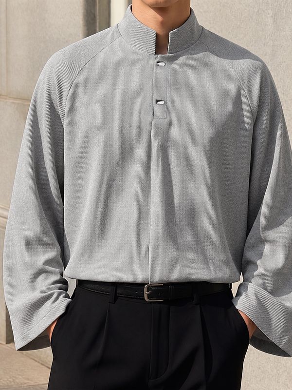 Men's Clean Fit Resort Wide Flared Sleeve Slit Henley Placket Long Sleeve Mandarin Collar T-shirt SKUL81833