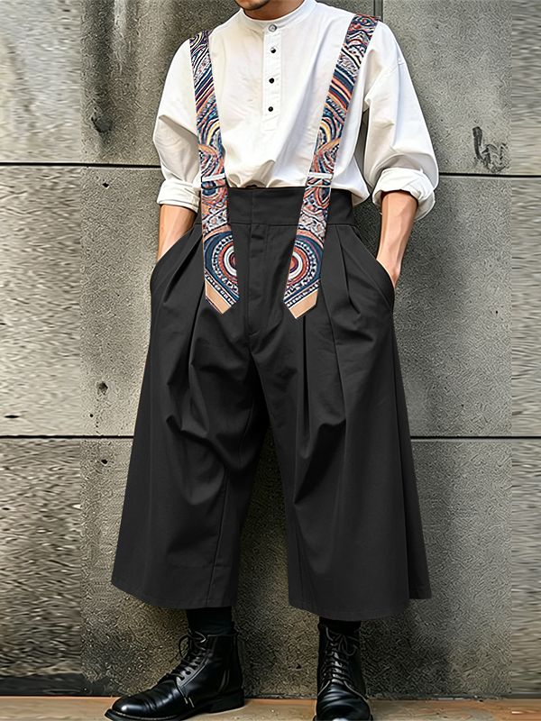 Men's Vintage British Suspenders High Waist Pleated Wide-Leg Palazzo Overall SKUL63021