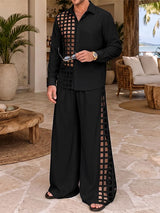 Men's Avant-Garde Vacation Resort Grid Cutout Asymmetric Sheer Two Pieces Outfit SKUL84805