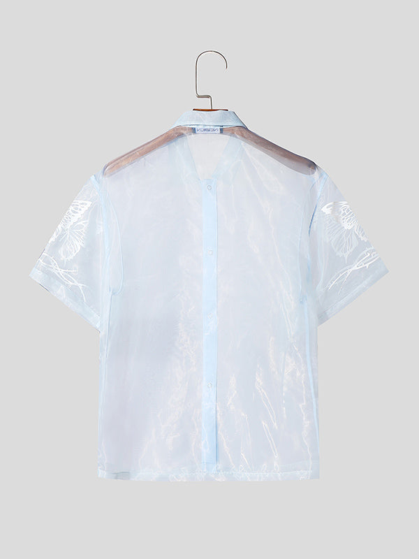 Mens Butterfly Print Mesh Sheer Short Sleeve Shirt SKUL08501