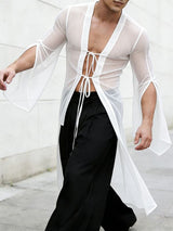 Men's Avant-Garde Longline Sheer Ribbed Tie-Front Flared Sleeve Cardigan SKUL57687