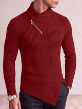 Men's Avant-Garde Urban Casual Asymmetrical Slanted Zipper Ribbed Knit Pointed Hem Long Sleeve Stand Collar Sweater SKUL82403