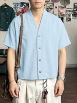 Men's Japanese Vintage Placid V-Neck Textured Cotton-Linen Boxy Cropped Short Sleeve Shirt SKUL69067