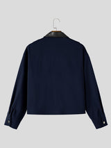 Men's Retro Workwear Daily Commute Contrast Leather Collar Flap Pocket Cropped Jacket SKUL84769