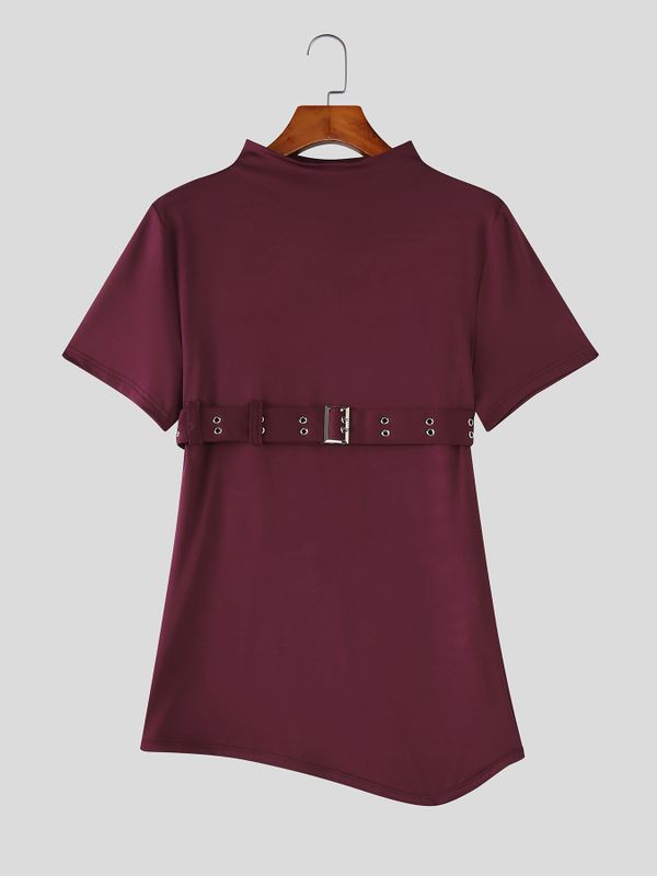 Men's Avant Garde Darkwear Harness Strap Asymmetrical Mock Neck Short Sleeve T-shirt SKUL64161