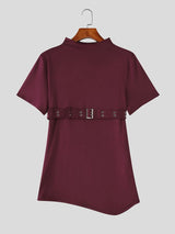 Men's Avant Garde Darkwear Harness Strap Asymmetrical Mock Neck Short Sleeve T-shirt SKUL64161