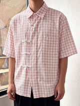 Men's Neo-Chinese Zen Gingham Plaid Frog-Button Shirt SKUL62082