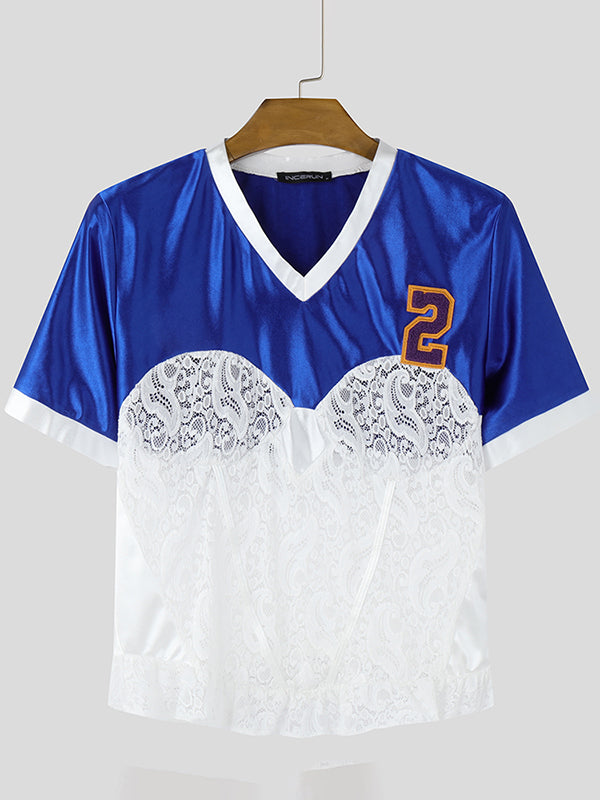 Mens Sheer Lace Patchwork Short Sleeve T-Shirt SKUK91175