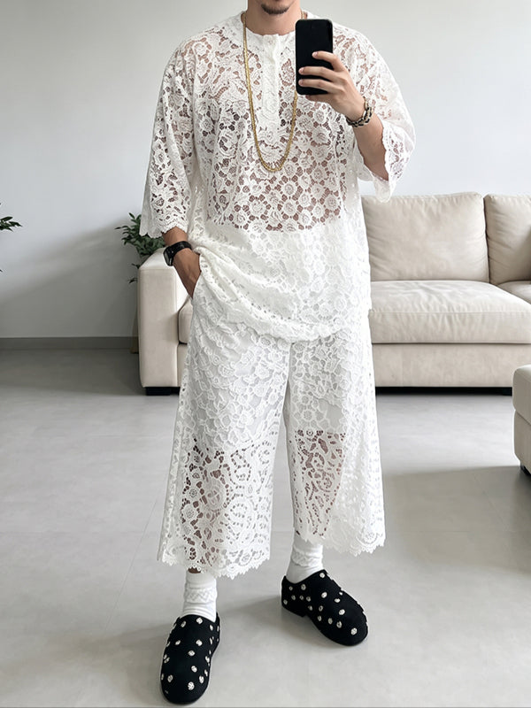 [Pre-order] Men's Avant-Garde Vacation Resort Sheer Floral Lace Half-Sleeve Two Pieces Outfit SKUL86944