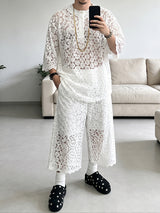 [Pre-order] Men's Avant-Garde Vacation Resort Sheer Floral Lace Half-Sleeve Two Pieces Outfit SKUL86944