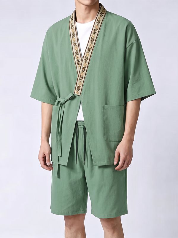 Men's Japanese Zen Style Kimono Wrap Two Pieces Outfit SKUL74793