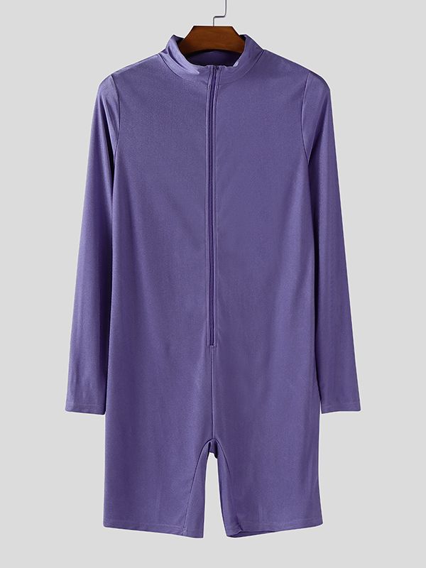 Men's Solid Color Glossy Half High Neck Long Sleeve Bodysuit SKUL37303